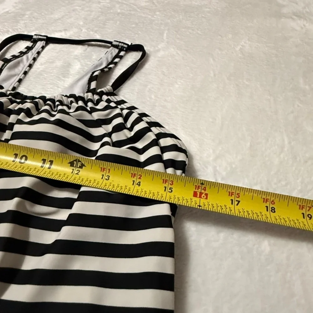 Kona Sol Tankini Top Women Medium Black White Striped Blouson Strappy Back Beach